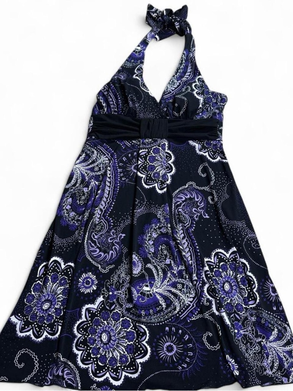 SPANX Navy and Purple Paisley Halter Mini Dress with Empire Waist